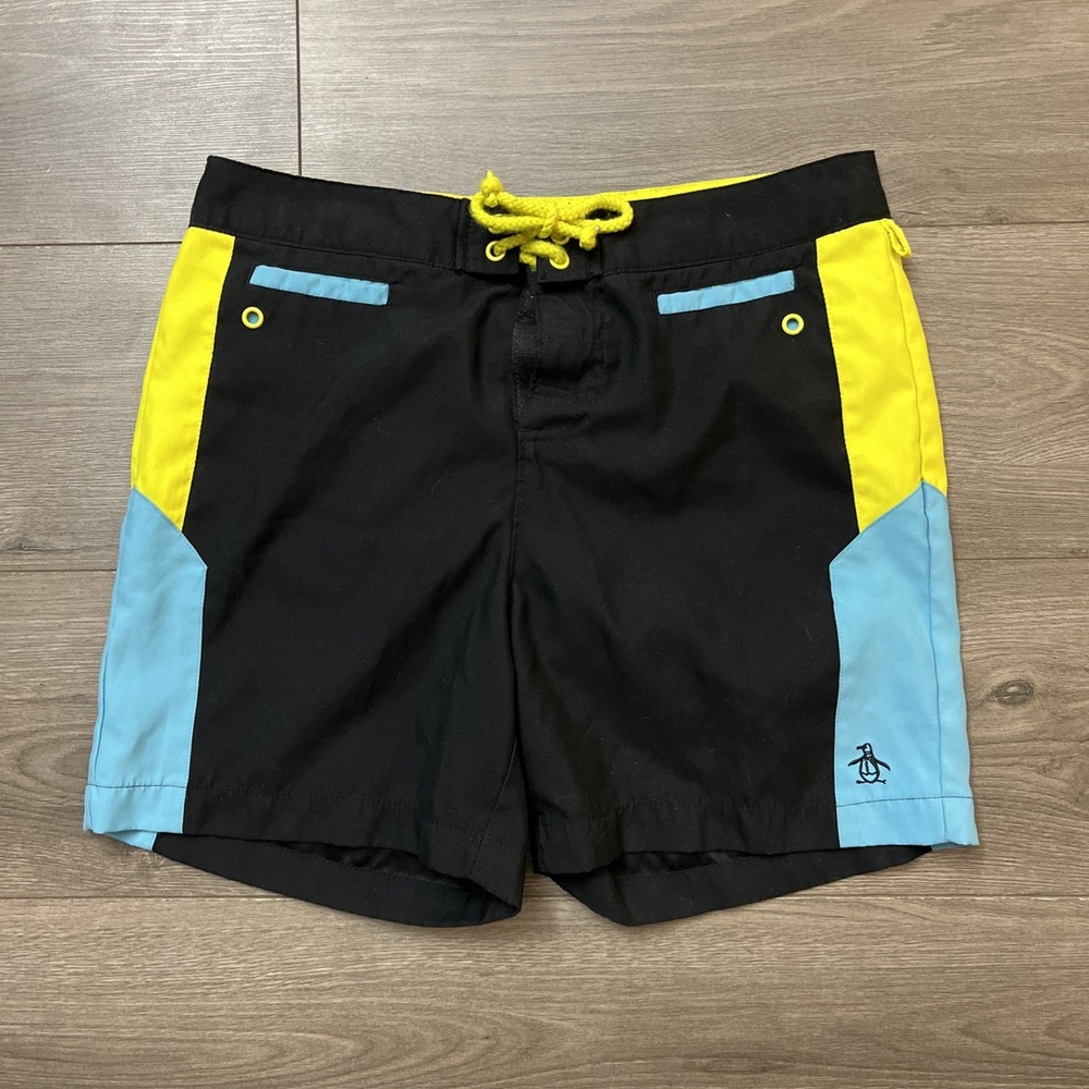 Original Penguin Mens Sz 30 Swim Trunks Black Blue Yellow